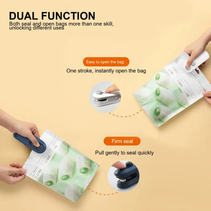 Handheld white heat sealer with magnetic back and cutter blade for sealing food bags