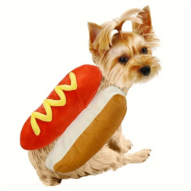 Small dog wearing a humorous stuffed hot dog costume suit in a winter setting.