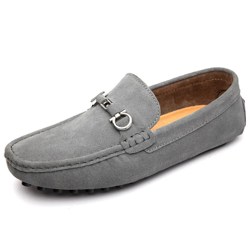 Men's black cowhide slip-on leather shoes with a square toe and flat stiletto heel.