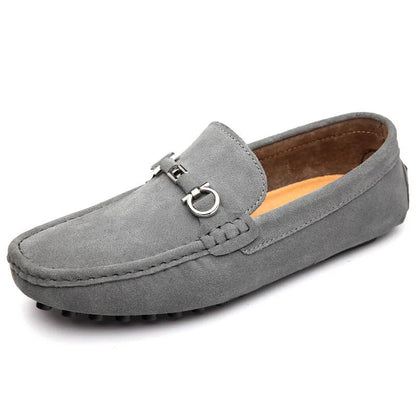 Men's black cowhide slip-on leather shoes with a square toe and flat stiletto heel.
