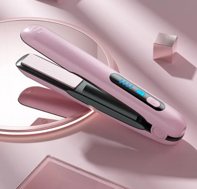 Cordless hair straightener and curler with ceramic plates, 4 heat settings, and 5000mAh rechargeable battery for on-the-go styling