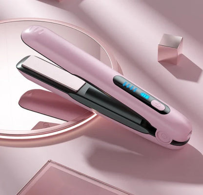 Cordless hair straightener and curler with ceramic plates, 4 heat settings, and 5000mAh rechargeable battery for on-the-go styling