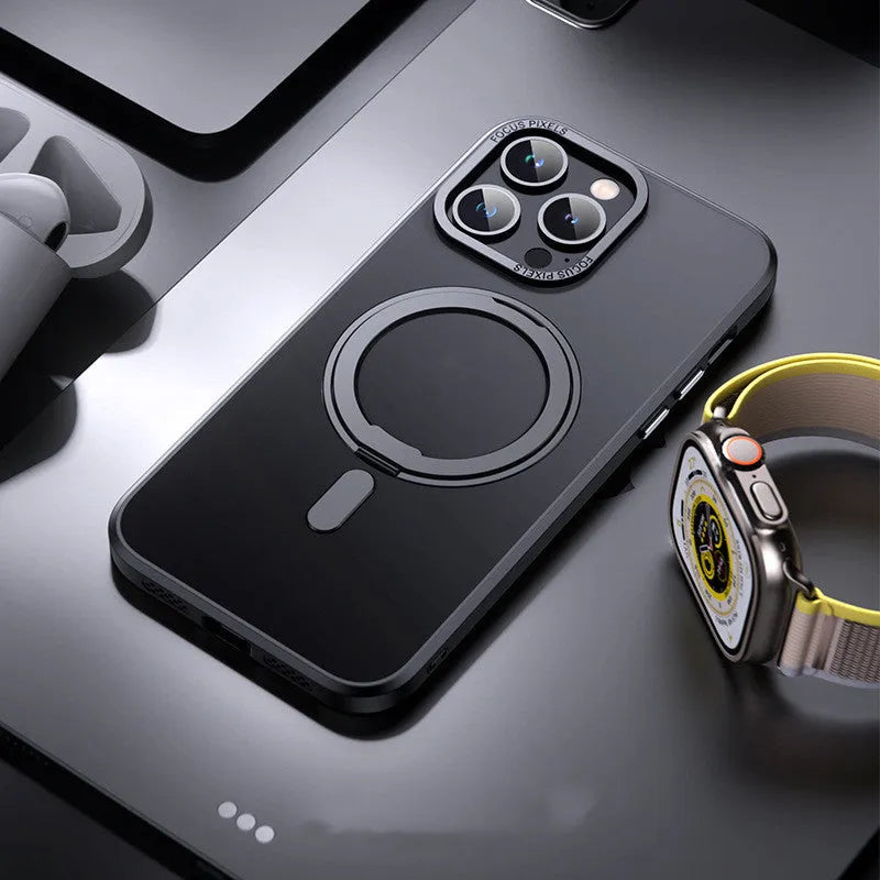 Transparent magnetic shockproof iPhone case showing integrated magnet ring and clear protective design