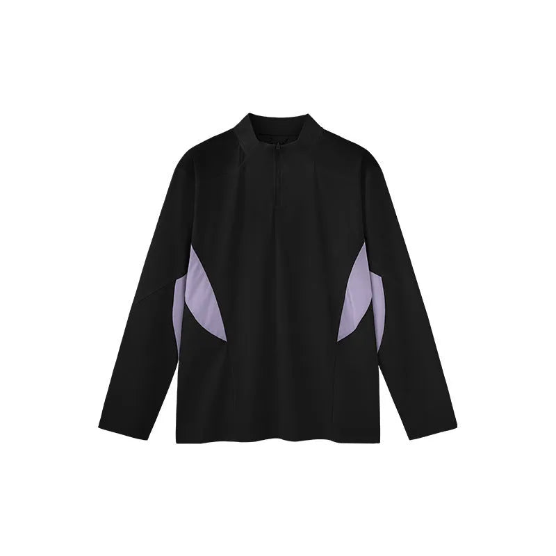 Men's solid colour polyester top with stitching detail, shown in black and beige with both long and short sleeve options