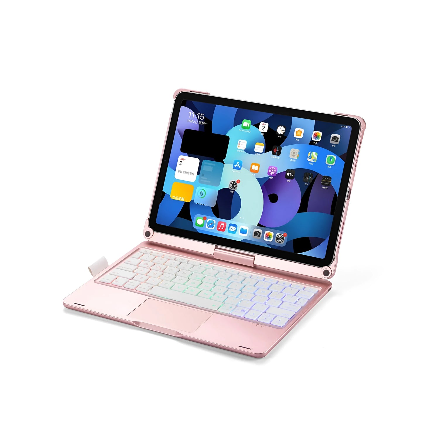 Rotating Bluetooth keyboard with touch backlight for iPad in black, rose gold, or silver colours