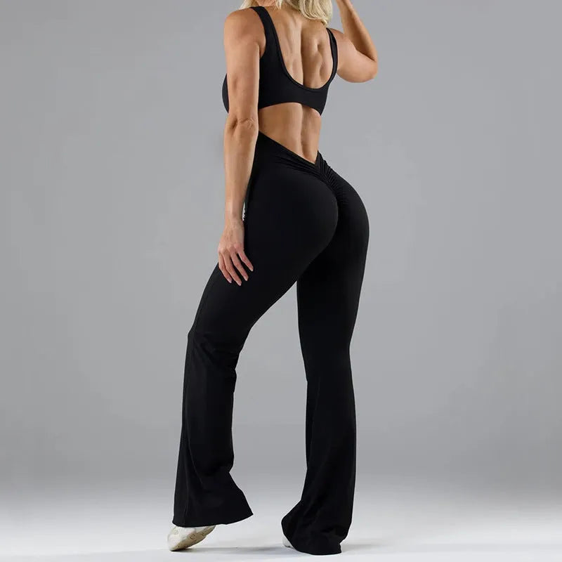 Women's tight Milk Silk yoga bodysuit in seamless hollow design with chest pad, shown in a trousers-length mid-waist fit.