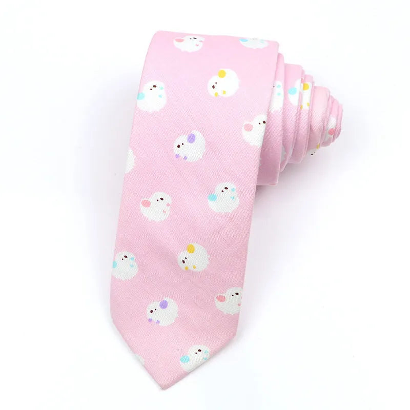 Korean style narrow men's cotton bow tie with a printed cartoon pattern on an adjustable fabric strap.