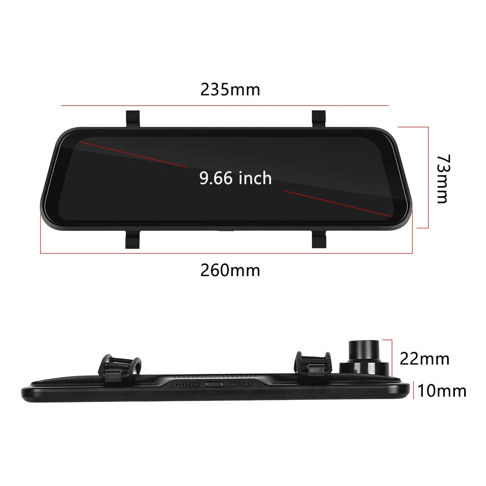 9.66-inch black car DVR mirror display showing smartphone CarPlay interface and rear camera feed.