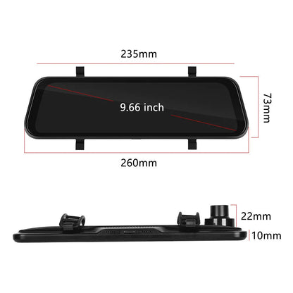 9.66-inch black car DVR mirror display showing smartphone CarPlay interface and rear camera feed.