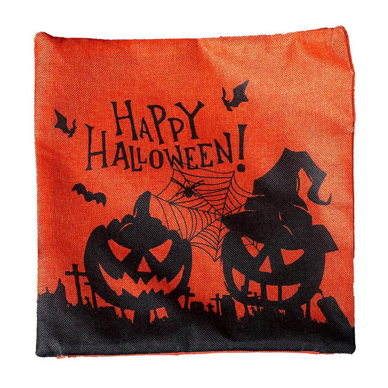Halloween-themed square cloth pillowcase showing four design options: castle, ghost, pumpkin, and witch styles.