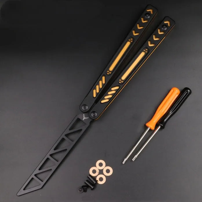 Unbladed butterfly knife trainer with aluminium handle and black G10 non-slip patches