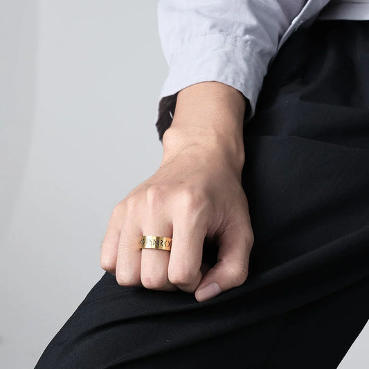 Stylish titanium steel matte brushed unisex ring in steel, gold, and black colors