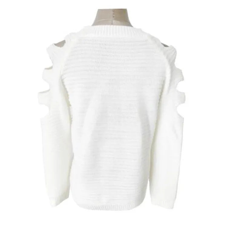 Women's white knitted shirt with hollow-out crochet pattern, round neckline, and long sleeves