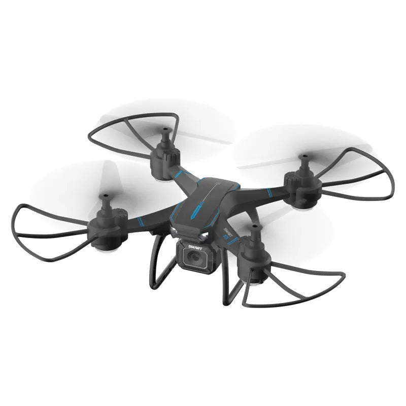 Blue remote control drone with four propellers and protective frame for aerial photography