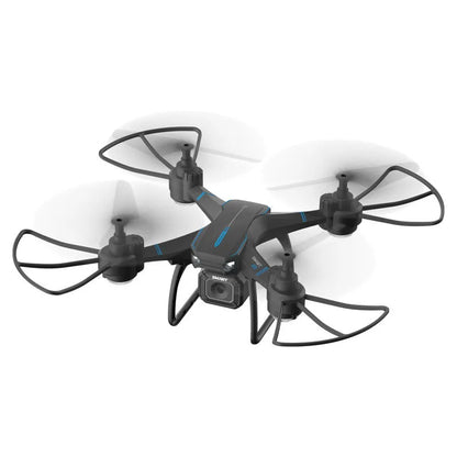 Blue remote control drone with four propellers and protective frame for aerial photography