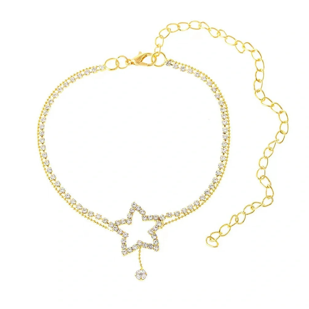 Elegant Rhinestone Star & Heart Anklet for Women in gold and silver
