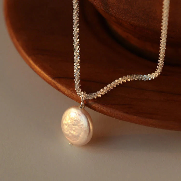 Elegant S925 Sterling Silver Baroque Pearl Necklace with starry sky chain design