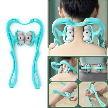 Blue handheld neck massager roller with 96 pressure nodes on a white background.