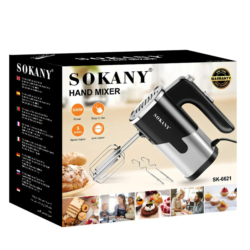 Black handheld electric whisk with stainless steel beaters and five speed buttons