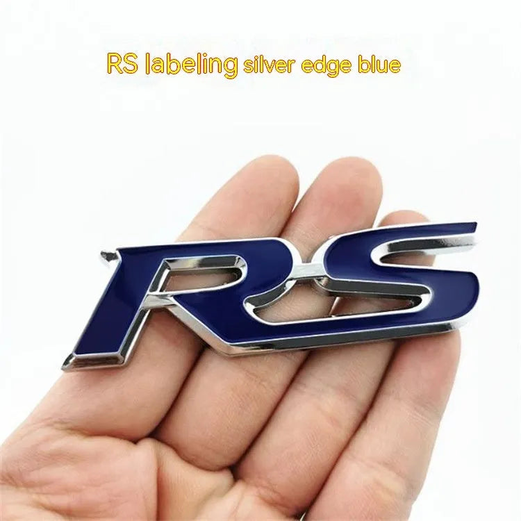 Zinc alloy RS pattern car sticker measuring 9x2.4cm in silver-edged blue colour option
