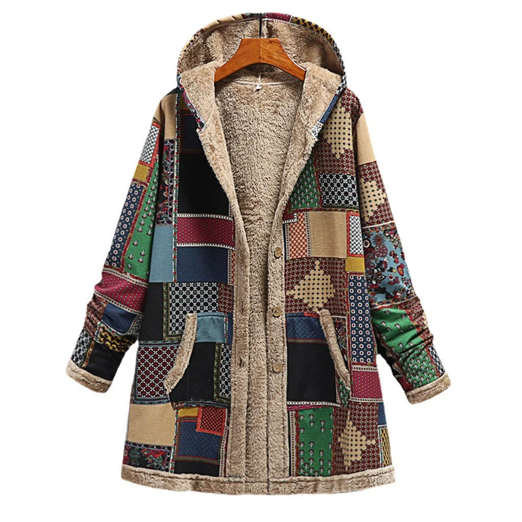 Cotton and linen printed hoodie with warm plush interior in various colors