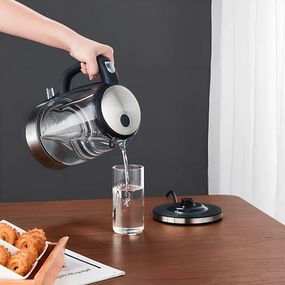 1.7L borosilicate glass electric kettle with 1800W heating, scale window, and push-button lid, dimensions 25.8x20x15cm