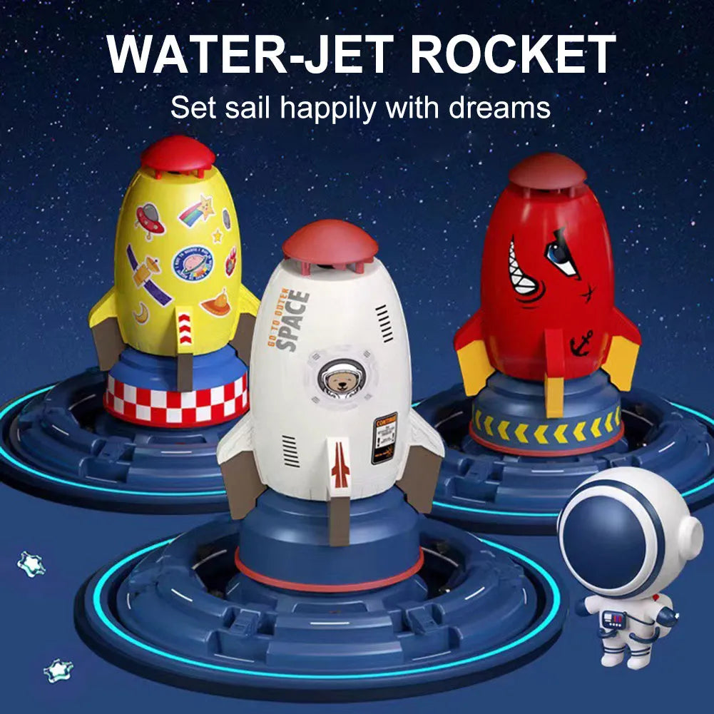 Yellow outdoor water pressure rocket launcher toy for kids on a green lawn.