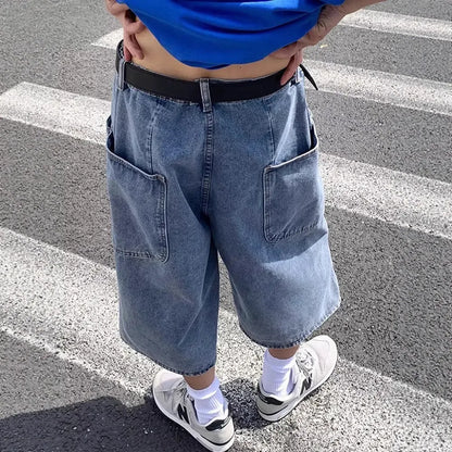 Men's blue washed denim shorts with high waist and cropped straight-leg design on a neutral background