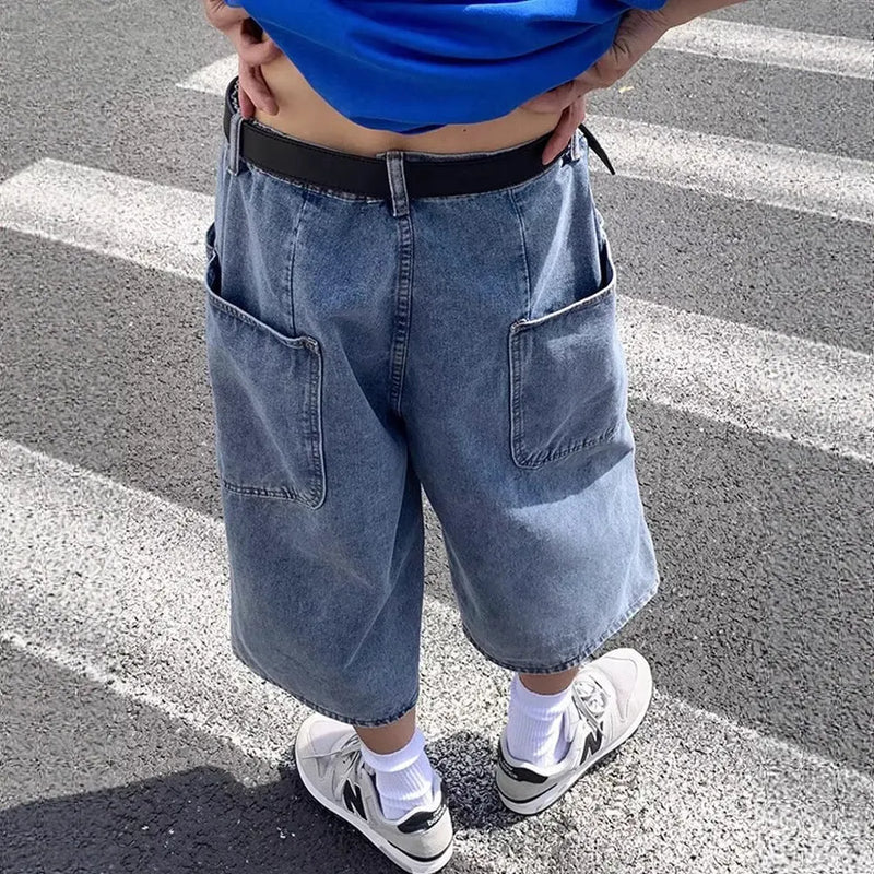Men's Washed Denim Shorts with High Waist and Zipper Fly: Straight-leg Cropped Design in Blue, Available in Sizes S to 3XL for Versatile Summer Wear