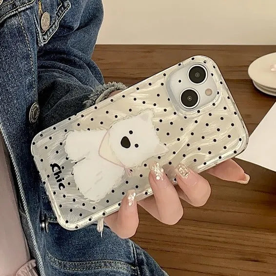 Polka Dot West Highland Dog Phone Case in TPU Soft Shell with Anti-Fall Protection for Apple iPhone 11 to 15 Pro Max, White Feather Yarn Finish