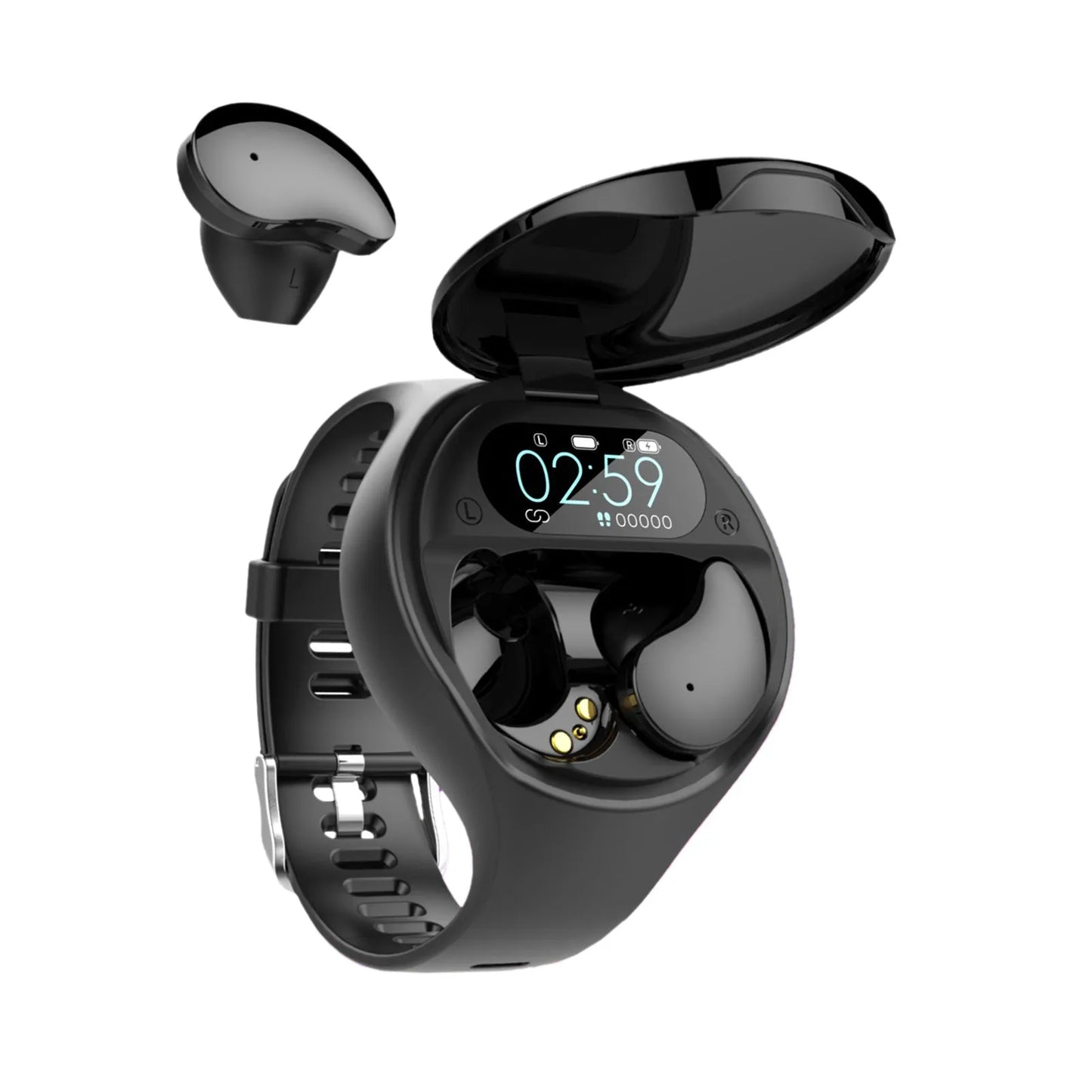 Black smart watch with detachable Bluetooth earphones docked on the side