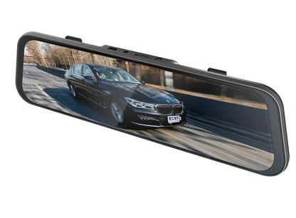 Black rearview mirror dash cam with 10-inch touch screen display for 1080P driving recording.