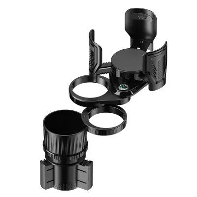 Black car cup holder with adjustable base showing retracted and extended positions