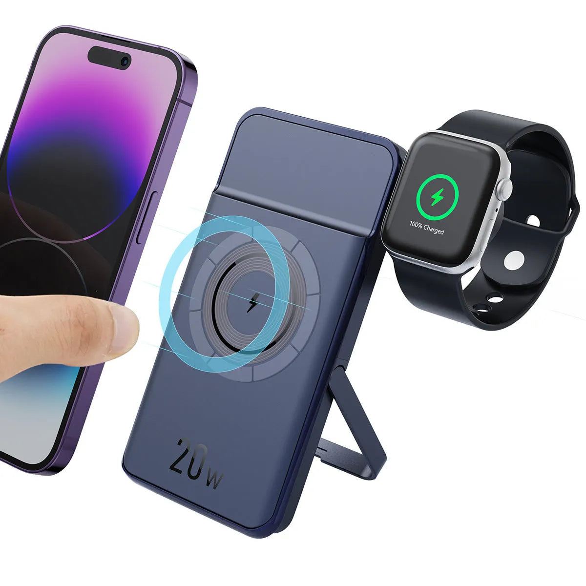 Black industrial style magnetic wireless power bank with 10000mAh capacity and bracket design