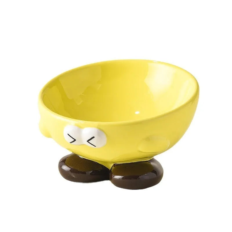 Ceramic slanted pet bowl with decorative expression pattern in blue colour