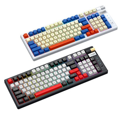 Bluetooth mechanical keyboard with USB charging cable in blue orange or black and red colours