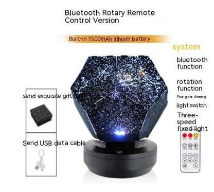 Plastic starry sky projection night light showing constellations on a bedroom ceiling, with remote control.