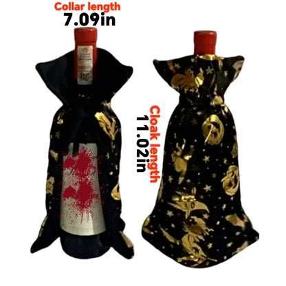 Two-tone cloth wine bottle cloak on a champagne bottle for Christmas decoration.