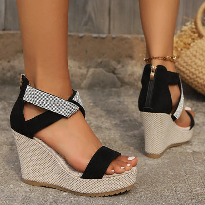 Stylish rhinestone wedge sandals for women with a unique fish-mouth design, sparkling accents, and a comfortable platform sole