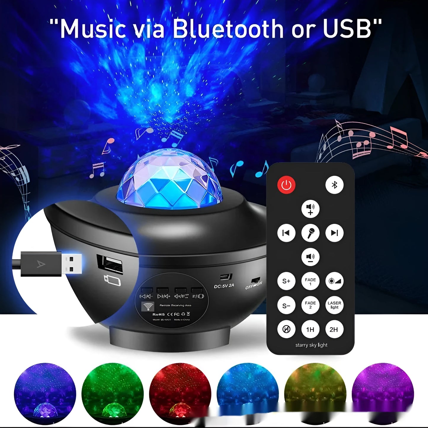Small black bowl-shaped starry sky projection lamp with remote control on a desk.