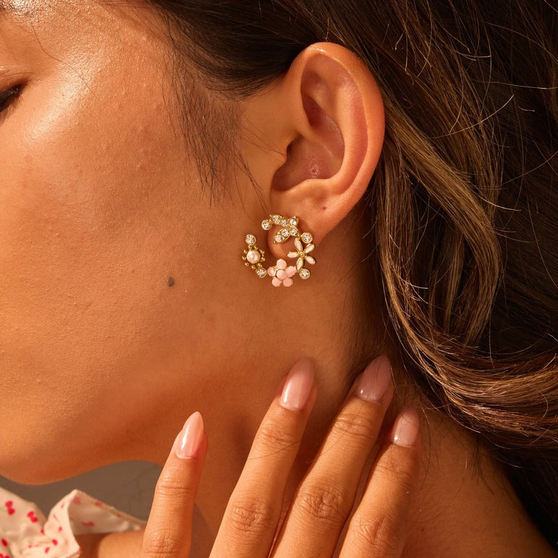 Flower stud earrings crafted from 18K stainless steel with an electroplated finish, designed as a colourful petal-shaped pair for women's fashion jewellery and OL style wear