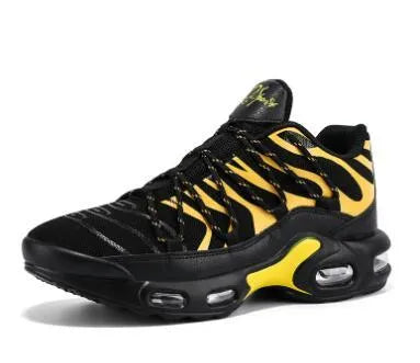 Men's breathable mesh sports shoes with rubber sole, air cushion, front lace-up, available in black, blue, red, and white