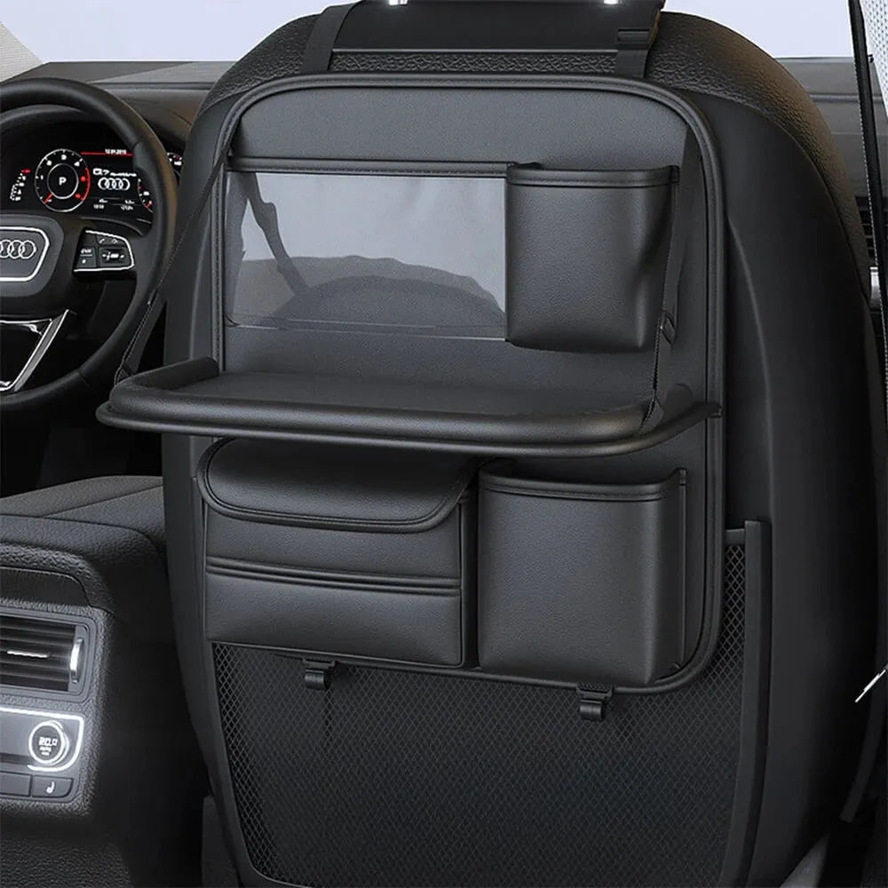 Leather car seat hanging storage bag with a fold-out dining table in black colour