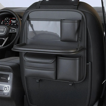Leather car seat hanging storage bag with a fold-out dining table in black colour