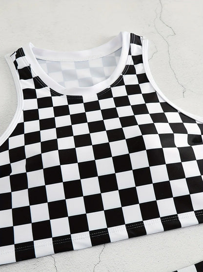 Women's checkerboard print backless one-piece swimsuit with suspender straps for swimming.