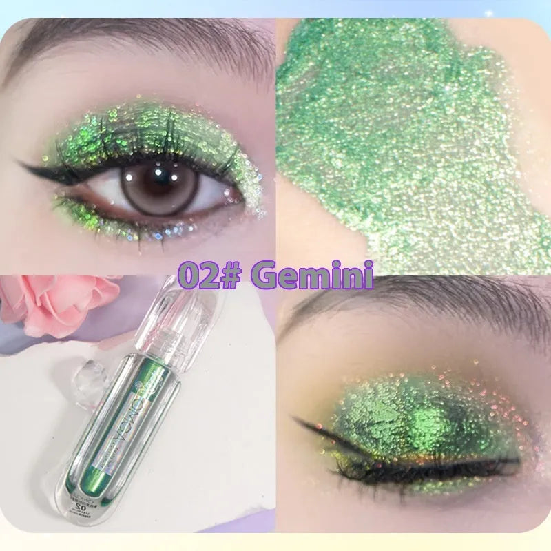 Chameleon rhinestone liquid eye shadow with pearlescent glittering highlights in six colour options