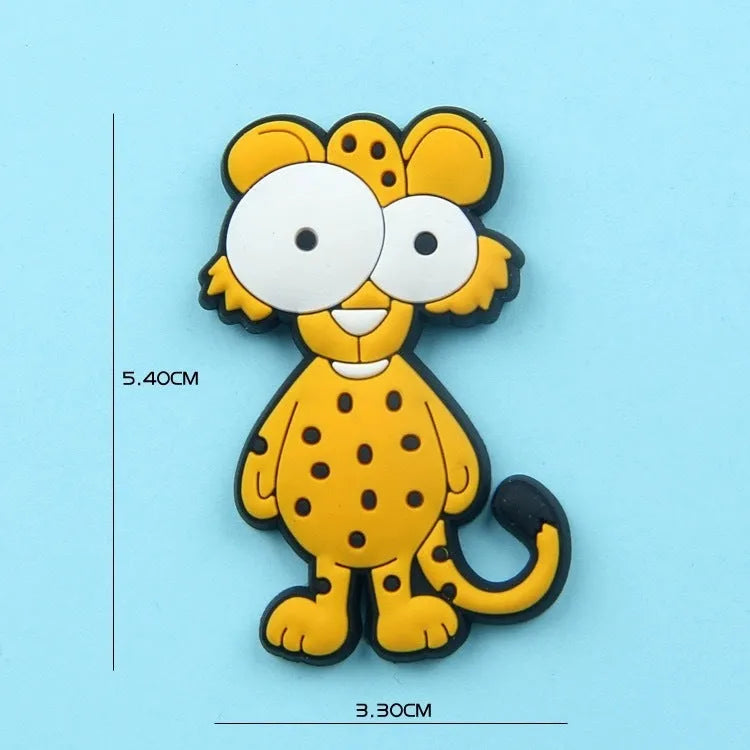 Nine PVC soft rubber cartoon animal fridge stickers including monkey, crocodile, leopard, lion, zebra, elephant, giraffe, and ostrich.