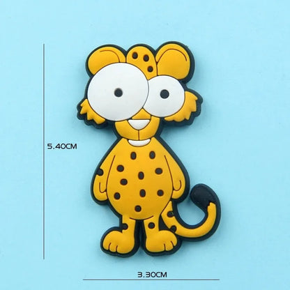 Nine PVC soft rubber cartoon animal fridge stickers including monkey, crocodile, leopard, lion, zebra, elephant, giraffe, and ostrich.