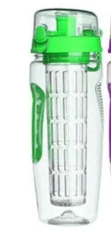 32oz clear Tritan plastic fruit infuser water bottle with a separate fruit cup and leakproof lid.