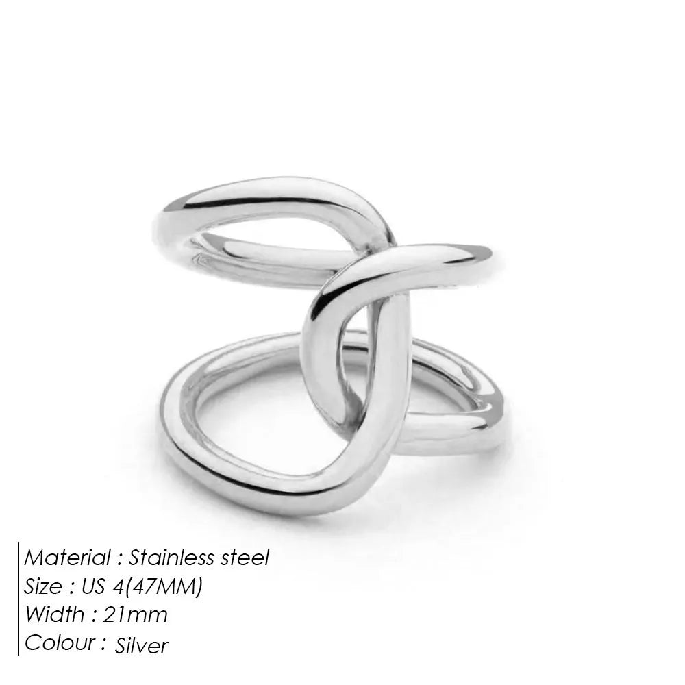 Women's stainless steel adjustable ring with a knotted detail on a geometric U-shape band.